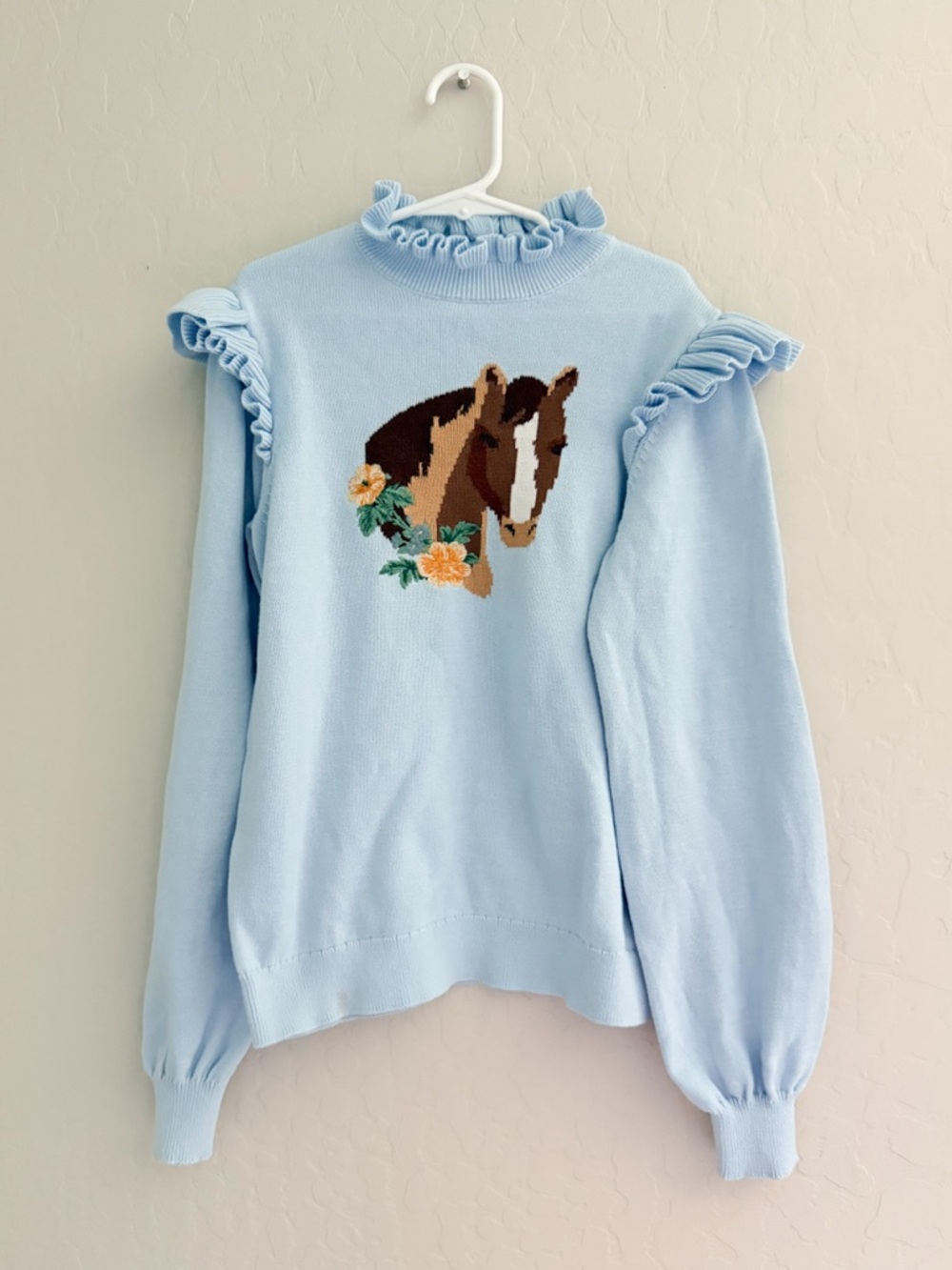 Janie and Jack Sky Blue Horse Ruffle Sweater